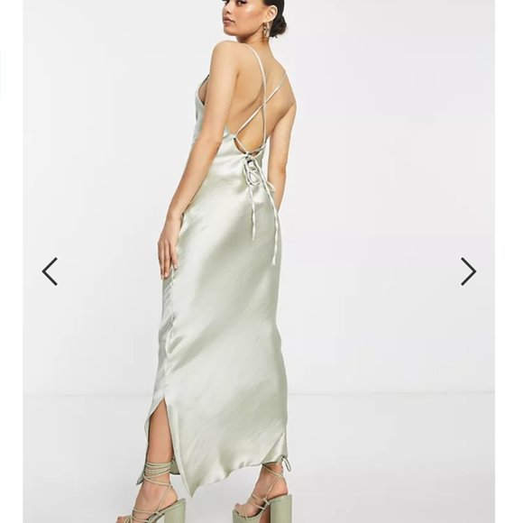 ASOS Petite Bridesmaid cami maxi slip dress in hi-shine satin lace up back sage - Picture 7 of 8
